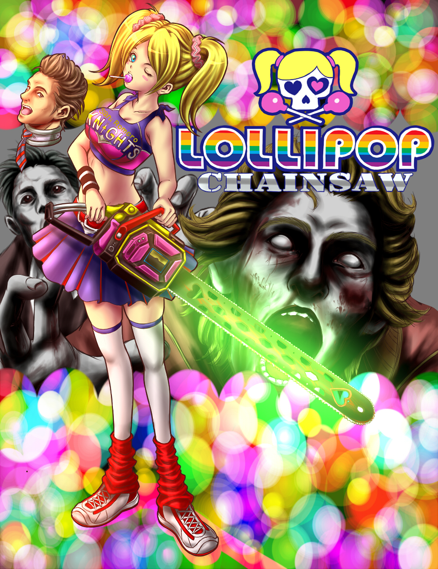 1boy 1girl ashinagaojisan blonde_hair blue_eyes brown_hair candy chainsaw cheerleader clothes_writing couple crop_top food grasshopper_manufacture juliet_starling leg_warmers lollipop lollipop_chainsaw long_hair midriff miniskirt mouth_hold necktie nick_carlyle open_mouth severed_head shoes short_hair skirt sneakers thighhighs twintails white_legwear wink wristband zombie zombies