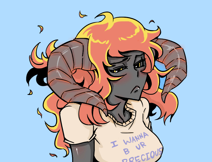 balrog_(lord_of_the_rings) bb_(baalbuddy) black_skin blush breasts cleavage clothes_writing english half-closed_eyes horns large_breasts long_hair lord_of_the_rings orange_hair personification shirt simple_background solo t-shirt yellow_eyes