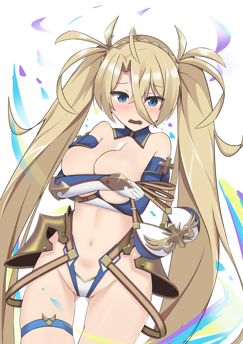 1girl bangs bare_shoulders bikini bikini_top_removed blonde_hair blue_eyes blush bradamante_(fate/grand_order) braid breasts covering covering_breasts detached_collar elbow_gloves fate/grand_order fate_(series) faulds french_braid gloves hair_between_eyes highleg highleg_bikini highres hips long_hair looking_at_viewer medium_breasts navel open_mouth shiruhino simple_background solo swimsuit thigh_strap thighs twintails very_long_hair white_background white_bikini_bottom
