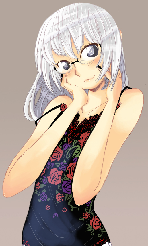 bad_id bad_pixiv_id floral_print fujitama_(pixiv33059) glasses grey_eyes hands_on_own_face original solo white_hair