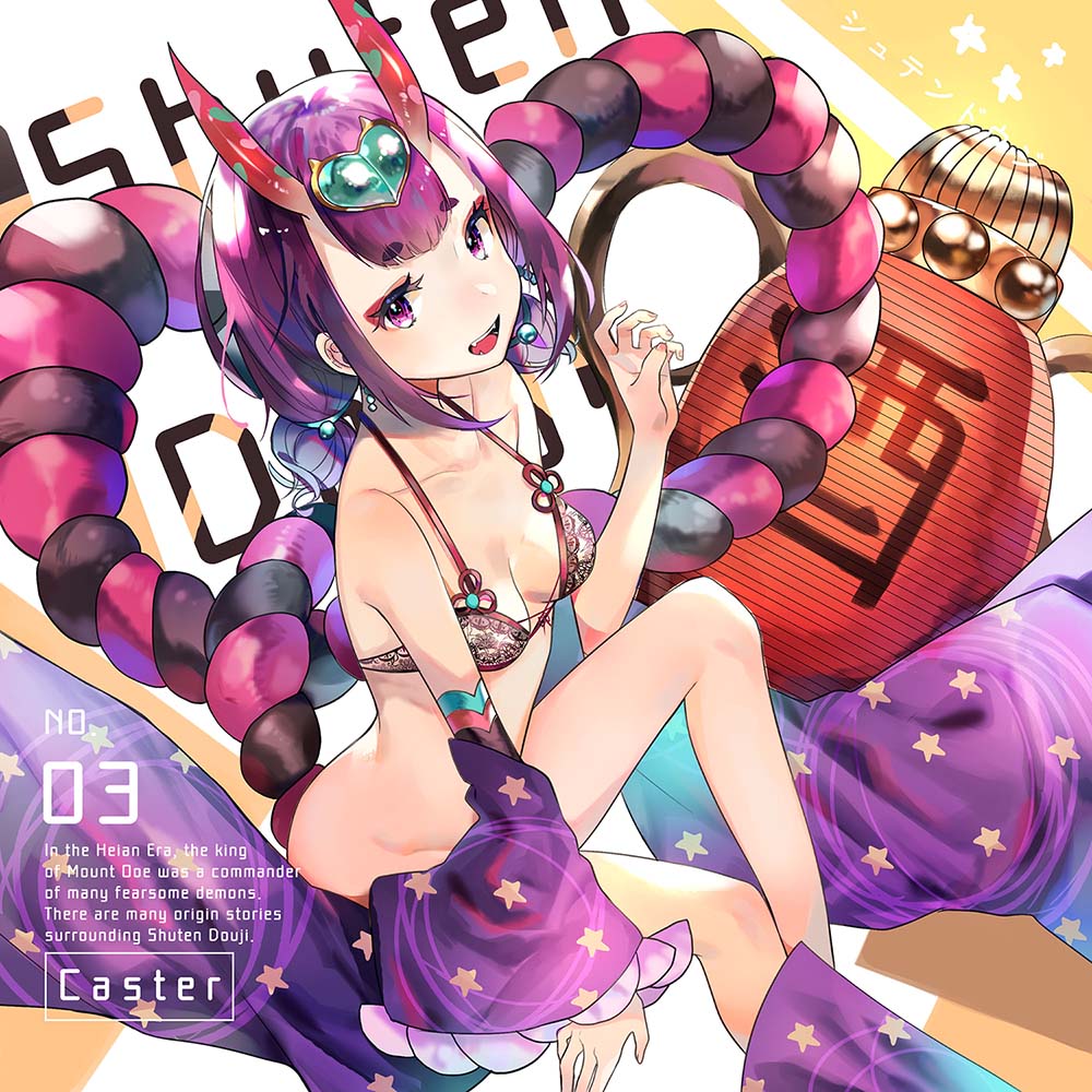 1girl :d bangs bare_shoulders black_bra bra breasts collarbone commentary_request detached_sleeves english eyebrows_visible_through_hair fangs fate/grand_order fate_(series) fingernails hand_up headpiece heart horns long_hair long_sleeves looking_at_viewer low_twintails mao_ge oni oni_horns open_mouth purple_eyes purple_hair purple_sleeves short_eyebrows shuten_douji_(fate/grand_order) sitting sleeves_past_wrists small_breasts smile solo star star_print thick_eyebrows twintails underwear wide_sleeves