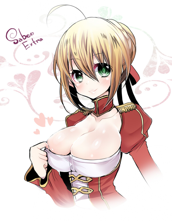 ahoge blonde_hair breasts cleavage dress fate/extra fate_(series) green_eyes hair_ribbon large_breasts mamemix nero_claudius_(fate) nero_claudius_(fate)_(all) ribbon solo