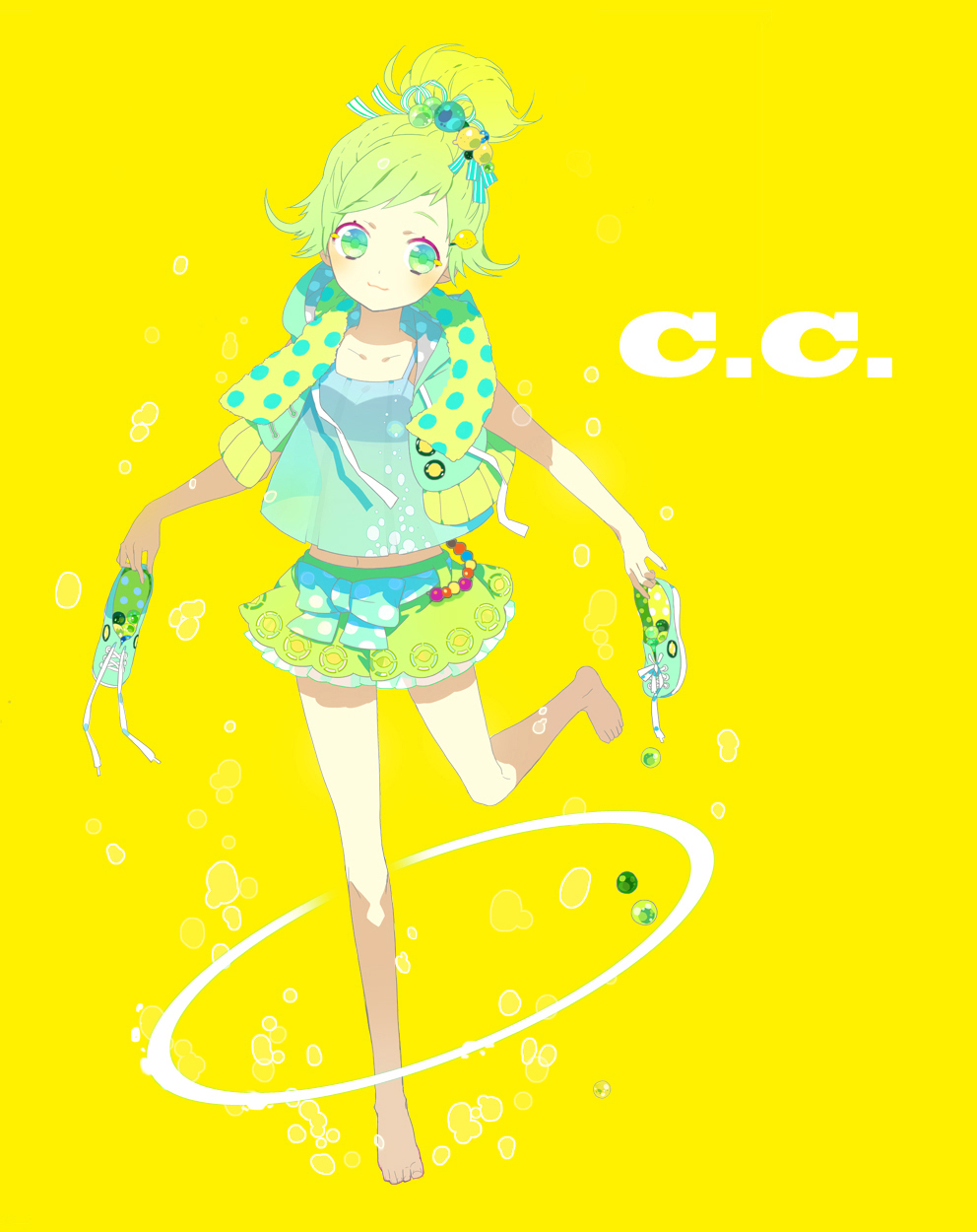 barefoot c.c._lemon c.c._lemon_(character) gomas green_eyes green_hair highres holding holding_shoes navel ponytail ribbon see-through shoes shoes_removed short_hair skirt smile solo vest yellow_background