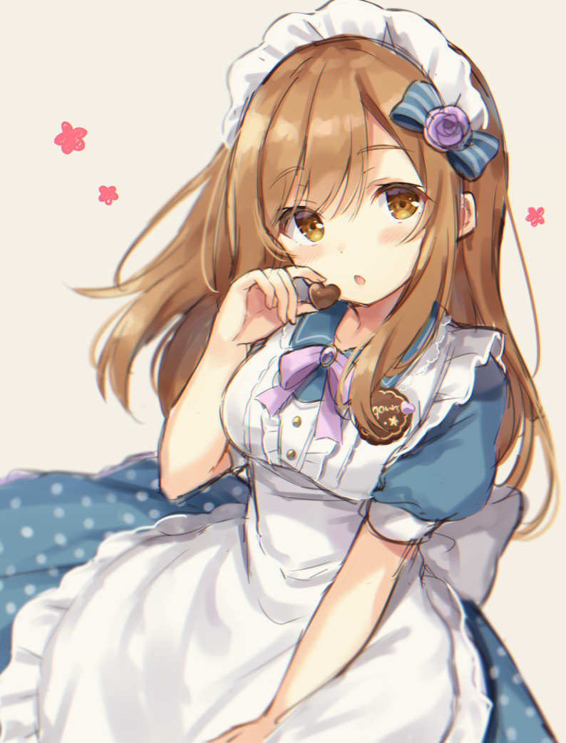 1girl :o apron bangs blue_bow blue_dress blush bow breasts brown_eyes brown_hair buttons chestnut_mouth chocolate chocolate_heart commentary_request dress eyebrows_visible_through_hair flower food frilled_apron frills hair_bow hair_flower hair_ornament hand_up head_tilt heart holding holding_food kunikida_hanamaru long_hair looking_at_viewer love_live! love_live!_sunshine!! maid maid_apron maid_headdress medium_breasts nagisa3710 neck_ribbon parted_lips polka_dot polka_dot_dress puffy_short_sleeves puffy_sleeves purple_flower purple_neckwear purple_rose ribbon rose short_sleeves sidelocks simple_background sketch solo standing striped striped_bow tareme upper_body white_apron white_background