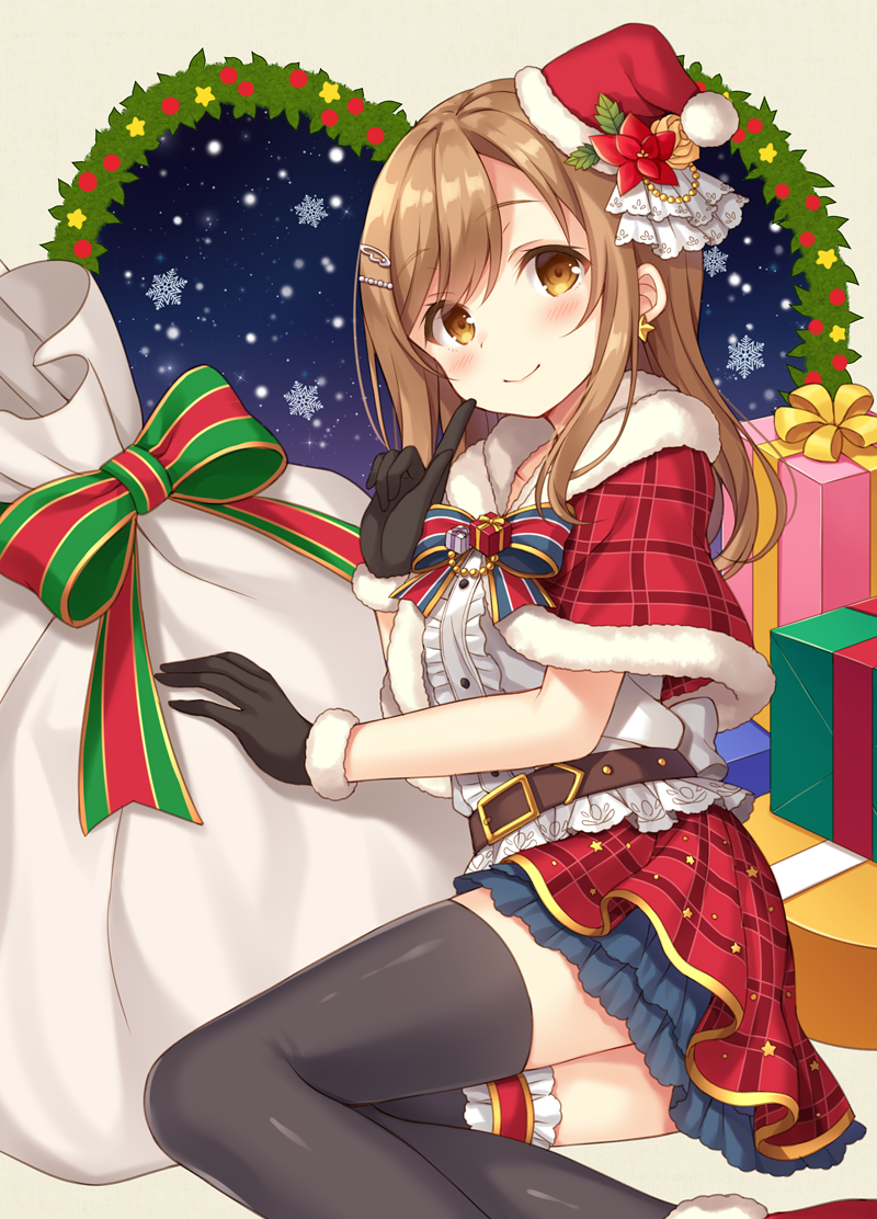 1girl bangs belt black_gloves black_legwear blush bow bowtie box brown_eyes brown_hair capelet center_frills christmas christmas_wreath commentary_request cover cover_page doujin_cover earrings finger_to_mouth flower fur-trimmed_capelet fur-trimmed_gloves fur_trim gift gift_box gloves hair_ornament hairpin hat index_finger_raised jewelry kunikida_hanamaru long_hair looking_at_viewer love_live! love_live!_sunshine!! nagisa3710 poinsettia sack santa_hat sitting skirt smile snowflakes snowing solo thigh_strap thighhighs