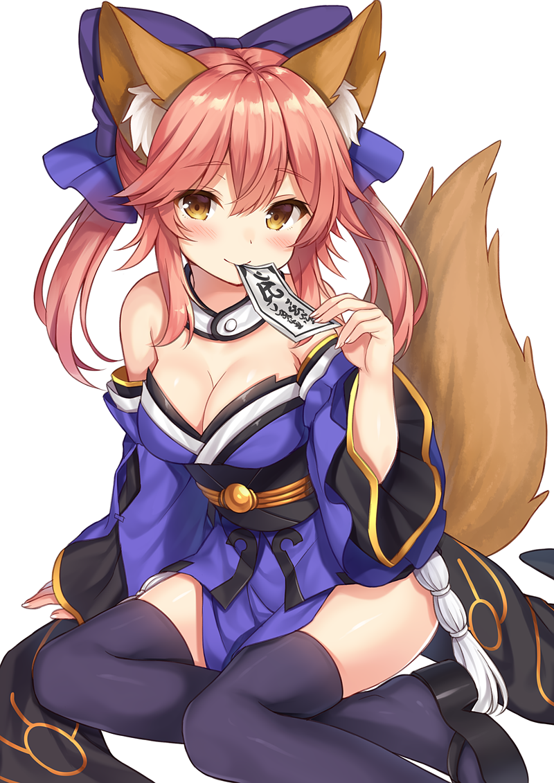 1girl animal_ears bangs black_footwear black_legwear blush bow breasts brown_eyes cleavage collar commentary_request detached_sleeves eyebrows_visible_through_hair fate/extra fate_(series) fox_ears fox_tail hair_bow heart long_hair looking_at_viewer medium_breasts nagisa3710 obi ofuda pink_hair sandals sash sidelocks simple_background sitting smile solo tail tamamo_(fate)_(all) tamamo_no_mae_(fate) thighhighs twintails white_background