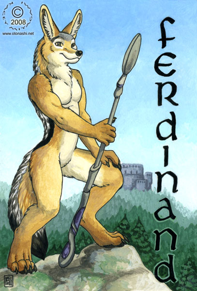 anthro badge canine castle ferdinand forest jackal kacey male mammal nude polearm pose ranged_weapon rock solo spear stargate tree weapon wood