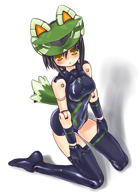 :&lt; animal_ears bangs bare_shoulders black_footwear black_gloves black_hair black_legwear blush boots busou_shinki covered_navel dd_(ijigendd) doll_joints from_above from_side gloves hair_between_eyes hands_on_thighs headgear howling_(busou_shinki) kneeling leotard looking_at_viewer shadow short_hair simple_background solo tail thigh_boots thighhighs wolf_ears wolf_tail yellow_eyes