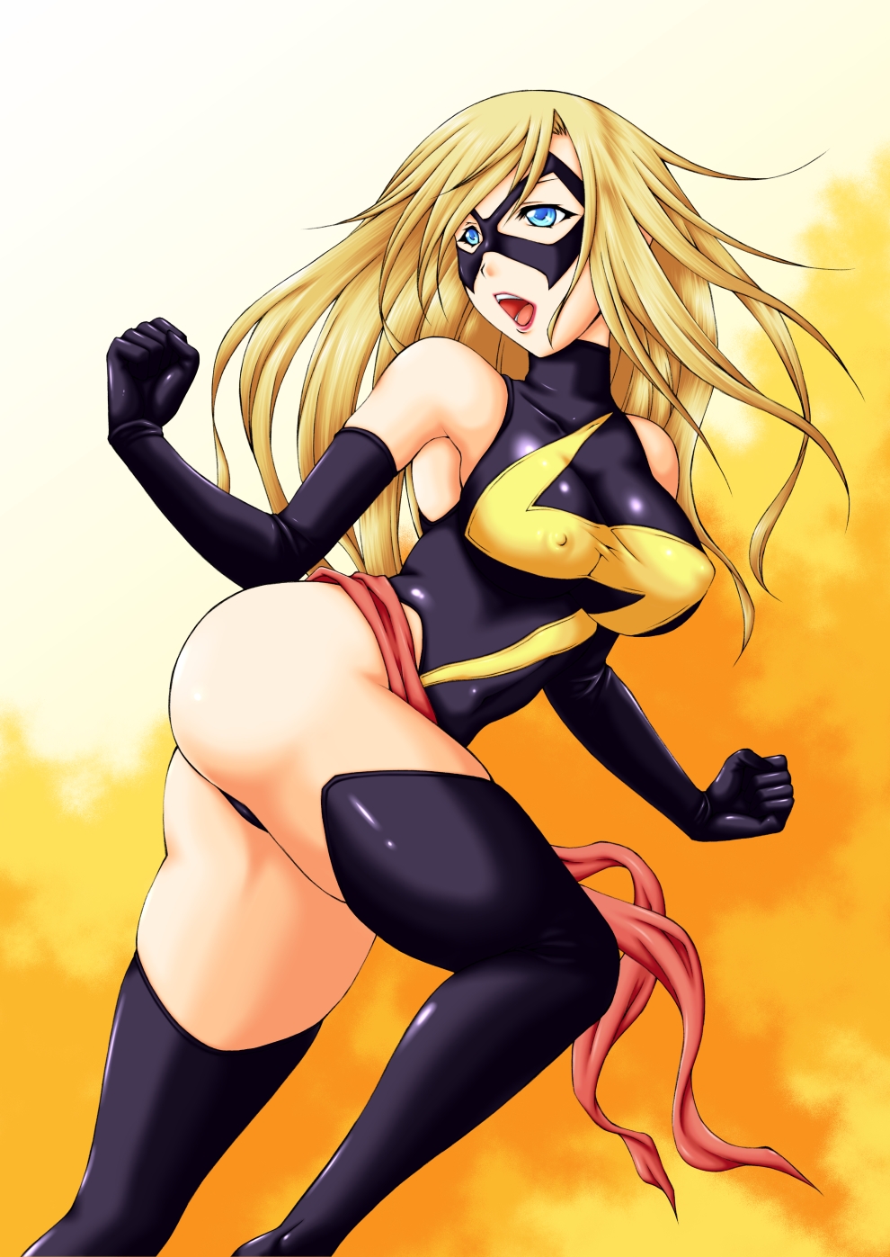 akutanoe black_legwear blonde_hair blue_eyes boots breasts carol_danvers covered_nipples elbow_gloves gloves highres leotard lipstick long_hair makeup marvel mask medium_breasts ms._marvel open_mouth sash solo thigh_boots thighhighs yellow_background