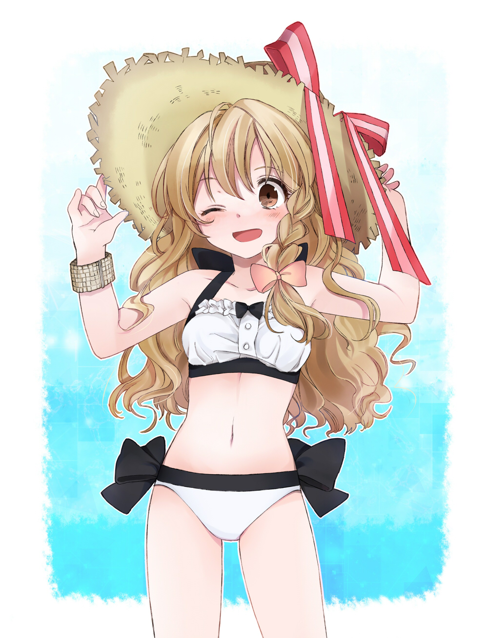 bad_id bad_pixiv_id bare_shoulders bikini blonde_hair bracelet braid brown_eyes cowboy_shot hands_on_headwear hat highres igaaaaa jewelry kirisame_marisa long_hair midriff navel one_eye_closed open_mouth simple_background single_braid smile solo straw_hat swimsuit touhou