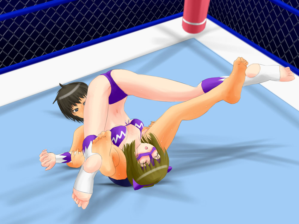 #13 1boy 1girl about_to_be_knocked_out arena blush breasts brown_hair chainlink cleavage defeated domination mask rumble_roses sakuya_(#13) sport sports submission sumire_(#13) wrestling wrestling_ring