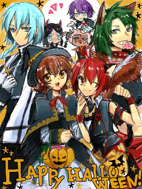 2girls 5boys animal_ears annie_barrs black_hair blue_eyes blue_hair braid brown_hair candy capelet collar cross green_hair halloween hat horns lollipop mao_(tales) mao_(tor) militsa multiple_boys multiple_girls open_mouth pink_hair pumpkin purple_hair red_eyes red_hair saleh smile tales_of_(series) tales_of_rebirth tohma tytree_crowe veigue_lungberg wings wink witch_hat yellow_eyes