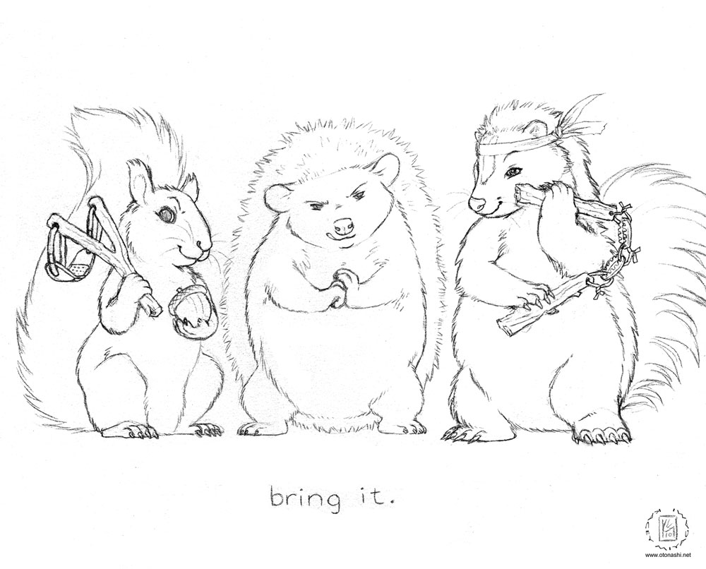 acorn black_and_white feral group hedgehog kacey looking_at_viewer mammal monochrome nunchaku nunchuck plain_background rodent sketch skunk slingshot squirrel white_background