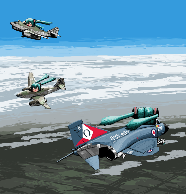 aircraft airplane clone cloud f-4_phantom_ii fighter_jet flying hatsune_miku jet long_hair me_262 military military_vehicle multiple_girls omega_symbol rxjx twintails vocaloid