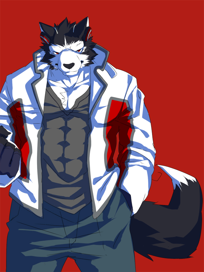 clothing headphones kenn looking_at_viewer male mammal muscles sarasa_arujine shirt solo utau wolf
