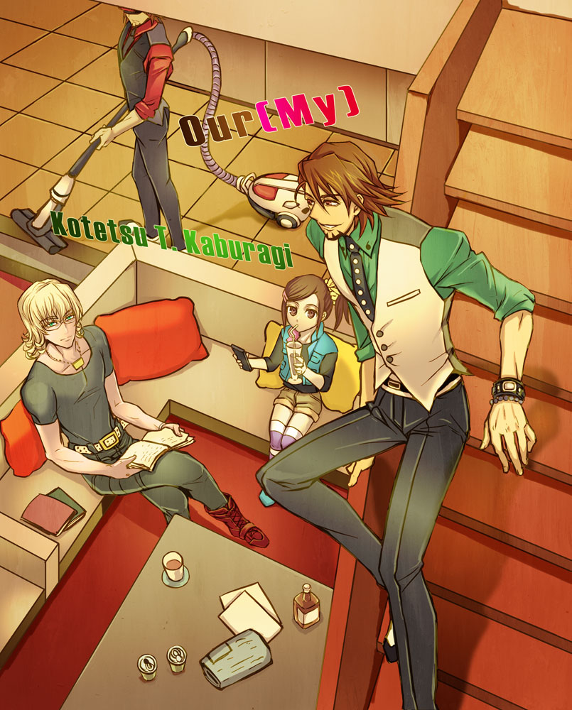 bad_id bad_pixiv_id barnaby_brooks_jr blonde_hair bracelet brown_eyes brown_hair cabbie_hat couch dark_persona dual_persona ebitetsu facial_hair glasses green_eyes hat house jewelry kaburagi_kaede kaburagi_t_kotetsu male_focus multiple_boys necklace necktie qgame reading scenery shirt side_ponytail stairs striped striped_legwear stubble t-shirt thighhighs tiger_&amp;_bunny vacuum_cleaner vest waistcoat watch wristwatch