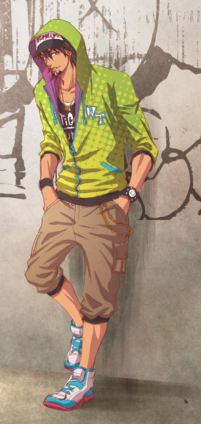 alternate_costume bracelet brown_eyes brown_hair facial_hair graffiti hands_in_pockets hood hoodie jewelry kaburagi_t_kotetsu lunarclinic male_focus necklace shoes sneakers solo stubble tiger_&amp;_bunny urban watch wristwatch