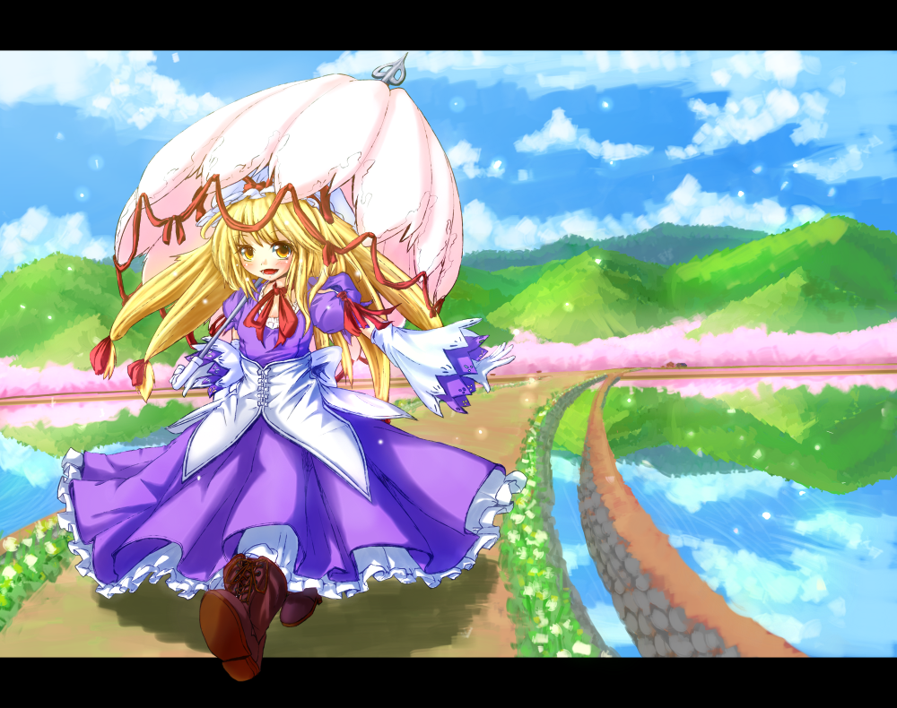 blonde_hair blush bow cherry_blossoms curiosities_of_lotus_asia detached_sleeves flower giorgio_claes hair_bow hat hat_bow hill letterboxed long_hair mountain open_mouth solo touhou tree umbrella very_long_hair water wide_sleeves yakumo_yukari yellow_eyes