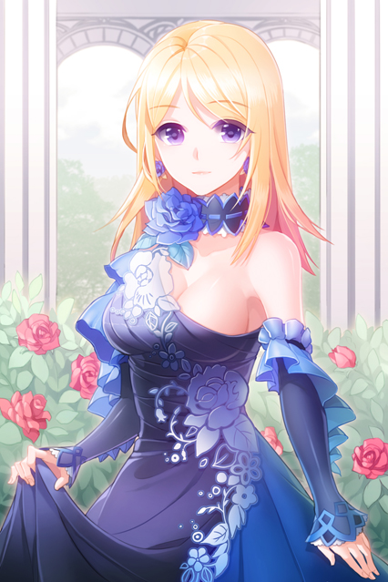 aile_(crossroads) armpits bangs bare_shoulders blonde_hair breasts detached_collar detached_sleeves dress flower grin holding long_hair medium_breasts parted_bangs purple_eyes rose rose_pacifica sideboob sleeves_past_wrists smile solo sword_girls
