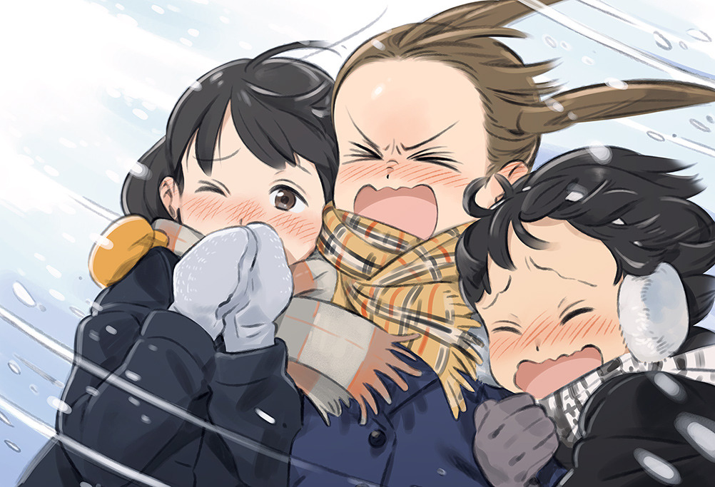 &gt;_&lt; &gt;_o 3girls :d black_hair blush brown_eyes brown_hair bush coat commentary_request d: earmuffs facing_viewer floating_hair forehead gloves grey_gloves grey_scarf long_sleeves mittens multiple_girls nose_blush one_eye_closed open_mouth original scarf short_hair smile twintails umishima_senbon wind yellow_scarf