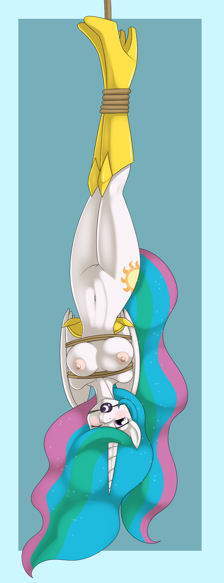 anthrofied ball_gag bdsm big_breasts bondage boots bound breasts cutie_mark equine female friendship_is_magic gag horn kloudmutt mammal my_little_pony nipples princess princess_celestia_(mlp) pussy rope royalty upside_down winged_unicorn wings