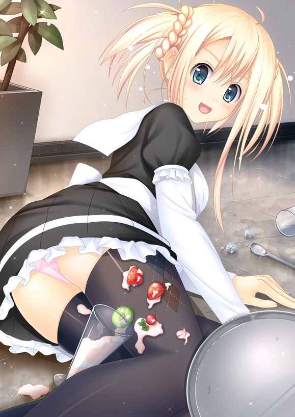 :d ahoge aqua_eyes argyle black_legwear blonde_hair blue_eyes blush cherry cream cup fallen_down food food_on_clothes fruit fuyu_urara glass ice ice_cube lying maid on_side open_mouth original panties pantyshot pink_panties smile solo spoon strawberry thighhighs tray twintails underwear waitress water