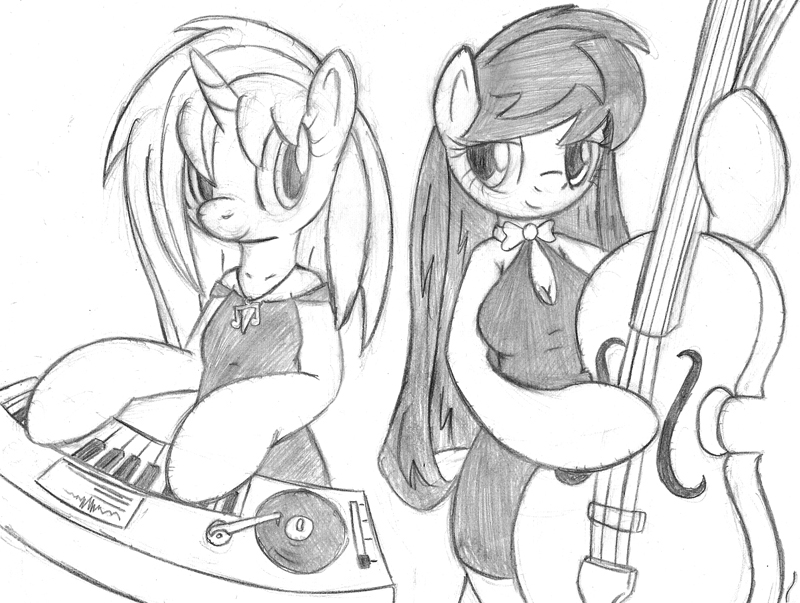 anthrofied breasts cello clothed clothing dress equine female friendship_is_magic hair horn horse long_hair mammal monochrome musical_instrument my_little_pony octavia_(mlp) plain_background pony synthesizer tg-0 unicorn vinyl_scratch_(mlp) white_background
