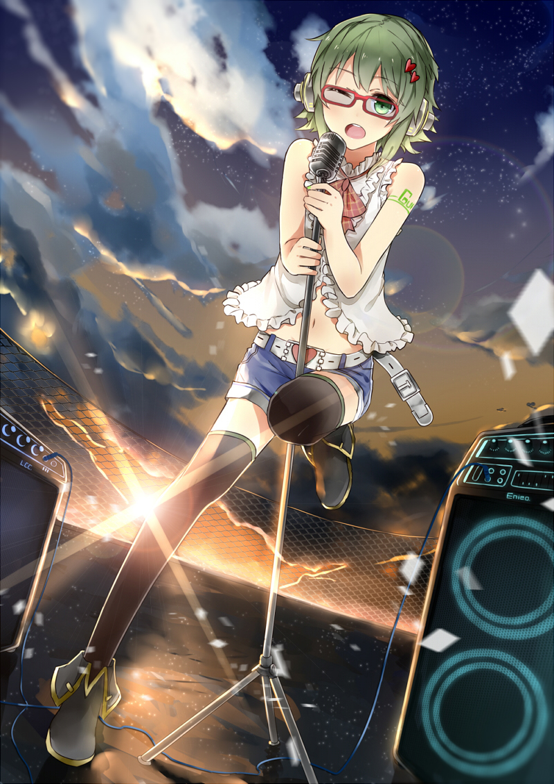 bespectacled glasses green_eyes green_hair gumi looking_at_viewer microphone microphone_stand music one_eye_closed open_mouth r_star short_hair shorts singing solo thighhighs vocaloid