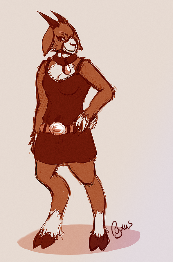 2015 3_fingers anthro barefoot bell bell_collar belt biped boer_goat bovid breasts brown_fur brown_horn caprine cleavage clothed clothing cloven_hooves collar colored_sketch countershade_face countershade_torso countershading curiouspie digital_drawing_(artwork) digital_media_(artwork) domestic_goat dress eyelashes feathering female front_view full-length_portrait fully_clothed fur gloves_(marking) goat hand_on_hip hooves horn looking_aside looking_away mammal markings medium_breasts monochrome multicolored_fur muzzle_(marking) portrait primrose_boer_goat sepia shadow short_tail signature smile socks_(marking) solo standing two_tone_fur white_countershading white_fur white_tail