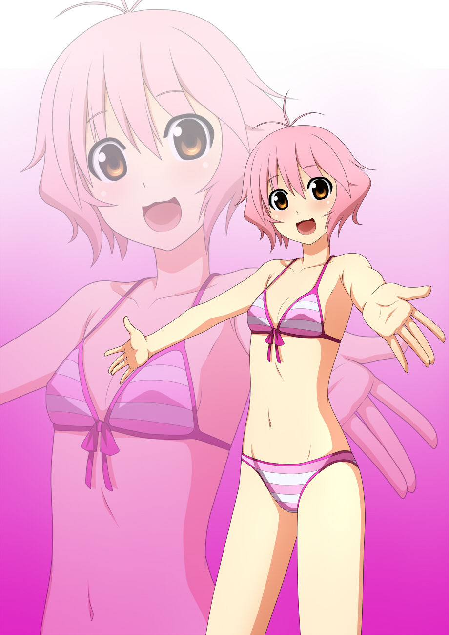 antenna_hair bangs bare_shoulders bikini blush front-tie_top gradient gradient_background harukaze_asuna highres kenken looking_at_viewer navel open_mouth orange_eyes outstretched_arms pink_hair short_hair smile softenni solo standing striped striped_swimsuit swimsuit zoom_layer
