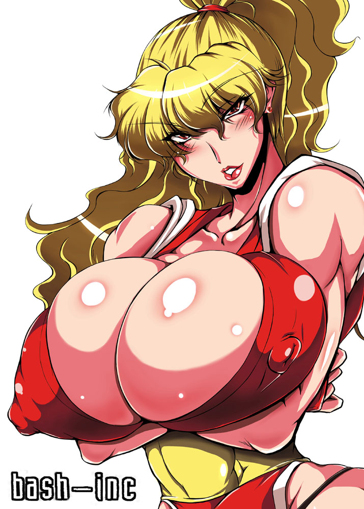 areolae bare_shoulders bash-inc blonde_hair breast_hold breasts bursting_breasts cleavage covered_nipples final_fight genryuusai_maki huge_breasts large_areolae long_hair muscle ninja ponytail red_eyes solo