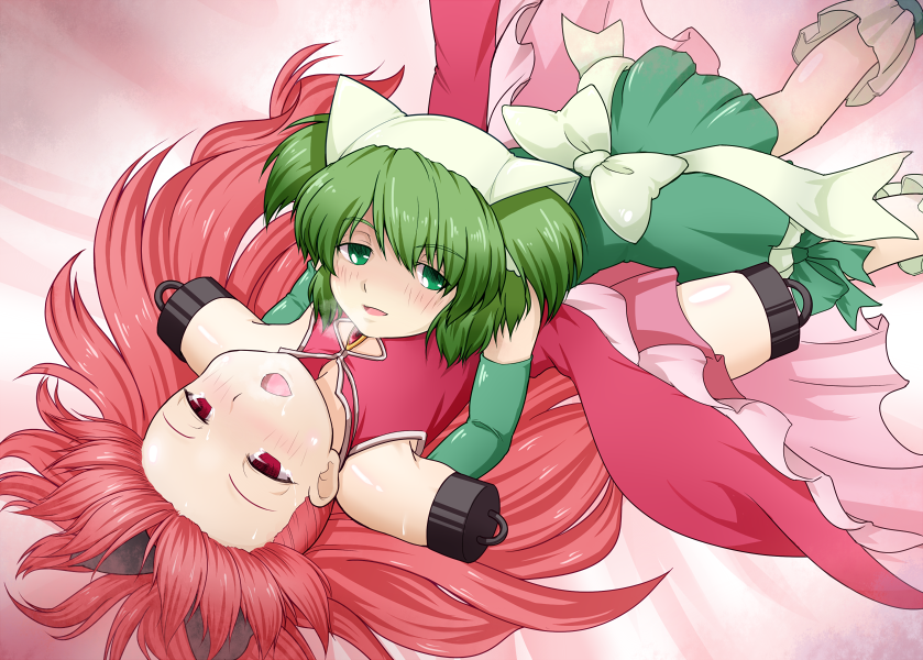 amputee chitose_yuma commentary_request green_hair hair_bobbles hair_ornament immolankni long_hair magical_girl mahou_shoujo_madoka_magica mahou_shoujo_oriko_magica multiple_girls open_mouth ponytail quadruple_amputee red_eyes red_hair sakura_kyouko short_hair short_twintails twintails yandere yuri