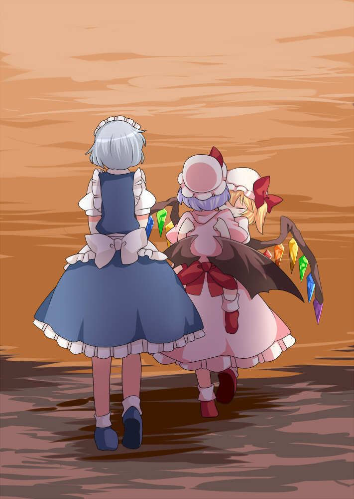 bad_id bad_pixiv_id bat_wings bow carrying closed_eyes commentary dress flandre_scarlet from_behind hammer_(sunset_beach) hat hat_bow izayoi_sakuya lavender_hair maid maid_headdress multiple_girls remilia_scarlet short_hair siblings side_ponytail silver_hair sisters smile touhou wings