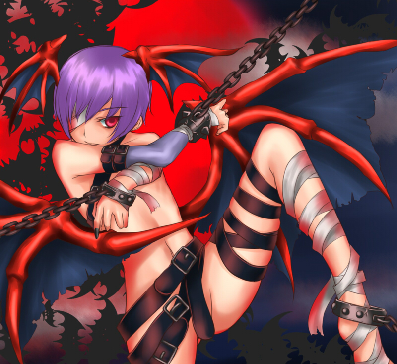 bandages bat bdsm belt bondage bound chain cuffs demon_girl demon_wings detached_sleeves eyepatch head_wings lilith_aensland nail_polish one-eyed pink_eyes purple_hair rokuichi short_hair succubus too_many too_many_bats vampire_(game) wings