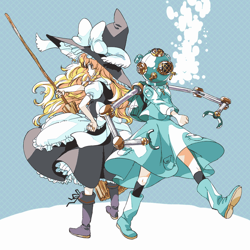 apron bad_id bad_pixiv_id blonde_hair boots bow braid broom brown_eyes bubble diving_helmet hand_on_hip hat hat_bow helmet kawashiro_nitori kirisame_marisa looking_back mechanical_arm multiple_girls single_braid skirt skirt_set touhou waist_apron walking white_bow witch_hat yukataro