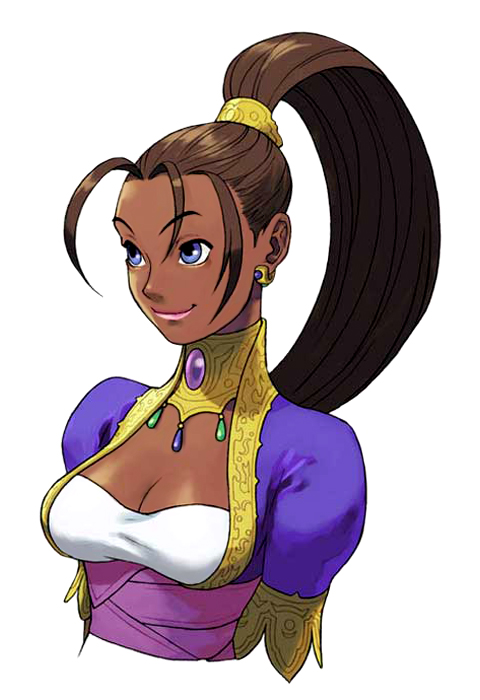 antenna_hair arabian_clothes blue_eyes breasts brown_hair cleavage dark_skin earrings jewelry lips long_hair medium_breasts necklace official_art ponytail pullum_purna sash smile solo street_fighter street_fighter_ex_(series) upper_body vest