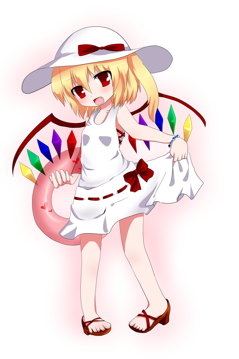 alternate_costume bad_id bad_pixiv_id blonde_hair bracelet collarbone fang flandre_scarlet full_body gradient gradient_background hat hat_ribbon heart highres innertube jewelry looking_at_viewer open_mouth red_eyes ribbon sandals short_hair side_ponytail simple_background skirt skirt_hold solo standing tank_top touhou wings yuikuroneko