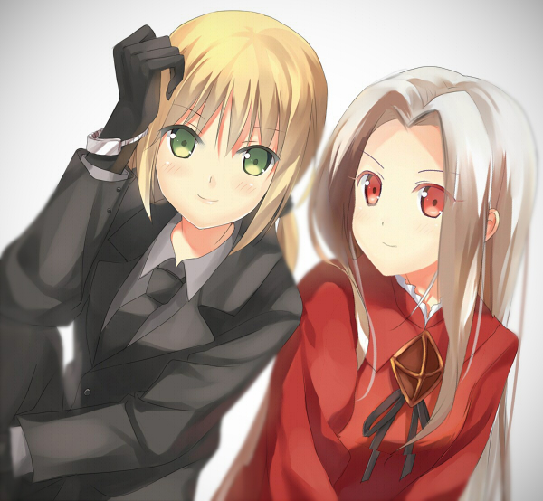 ahoge artoria_pendragon_(all) black_gloves blonde_hair fate/zero fate_(series) formal gloves green_eyes irisviel_von_einzbern long_hair multiple_girls necktie pant_suit red_eyes saber smile suit white_hair xinta