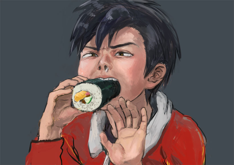 black_background black_hair crying eating ehoumaki food food_in_mouth full_mouth gold_(pokemon) headwear_removed hectliter makizushi male_focus pokemon pokemon_(game) pokemon_gsc pokemon_special setsubun solo sushi