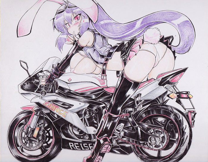 adapted_costume all_fours animal_ears ass bare_shoulders belt bent_over blush boots breast_rest breasts bunny_ears bunny_tail colorized condom covered_nipples curvy goggles goggles_on_head ground_vehicle heart knee_boots large_breasts lavender_hair long_hair microskirt motor_vehicle motorcycle mouth_hold okiraku_nikku panties pink_panties red_eyes reisen_udongein_inaba revealing_clothes shikishi skirt slit_pupils solo tail thighhighs touhou traditional_media underwear upskirt very_long_hair