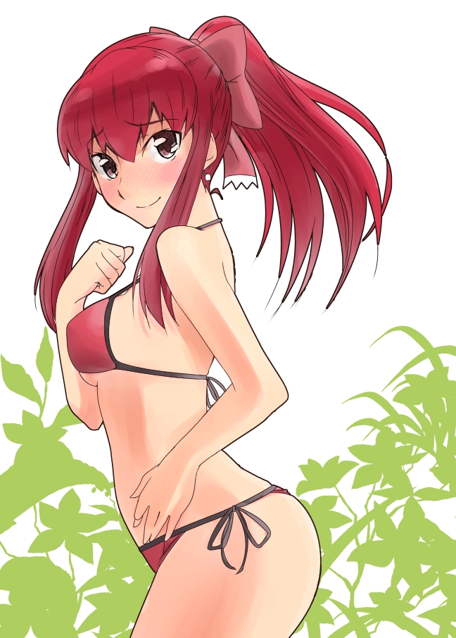 amane_(dream_c_club) bikini blush breasts brown_eyes dream_c_club dream_c_club_(series) hisakabe_oune long_hair medium_breasts ponytail red_hair side-tie_bikini solo strap_gap swimsuit underboob