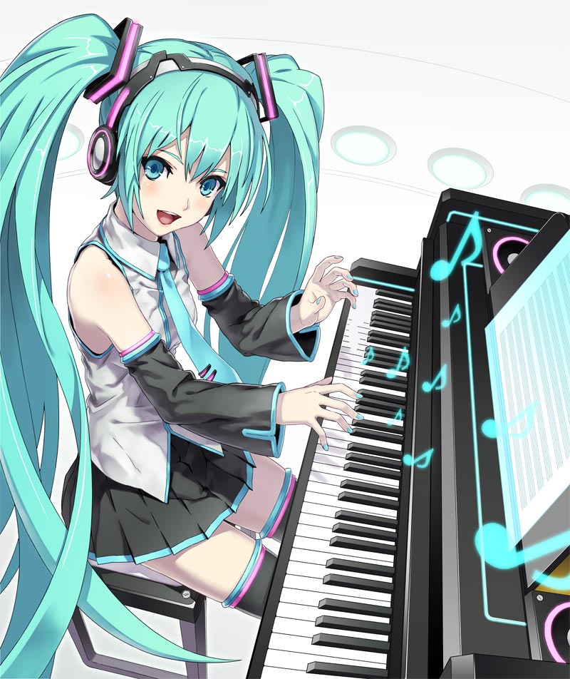 aqua_eyes aqua_hair detached_sleeves fukukitaru grand_piano hatsune_miku headphones instrument long_hair looking_at_viewer musical_note necktie open_mouth piano sitting smile solo twintails very_long_hair vocaloid