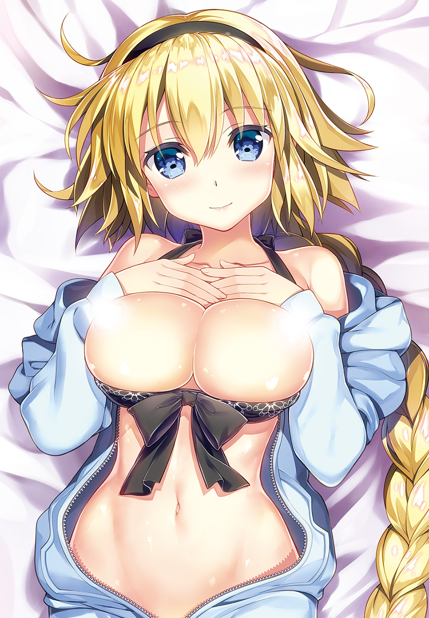 1girl bangs bed_sheet bikini bikini_pull bikini_top black_bikini black_hairband blonde_hair blue_eyes blue_jacket blush braid breasts censored closed_mouth collarbone commentary_request eyebrows_visible_through_hair fate/grand_order fate_(series) fingernails fujima_takuya hair_between_eyes hairband hands_up head_tilt highres jacket jeanne_d'arc_(fate)_(all) jeanne_d'arc_(swimsuit_archer) jeanne_d'arc_(fate)_(all) jeanne_d'arc_(swimsuit_archer) large_breasts light_censor long_hair long_sleeves lying navel off_shoulder on_back open_clothes open_jacket single_braid sleeves_past_wrists smile solo swimsuit upper_body very_long_hair