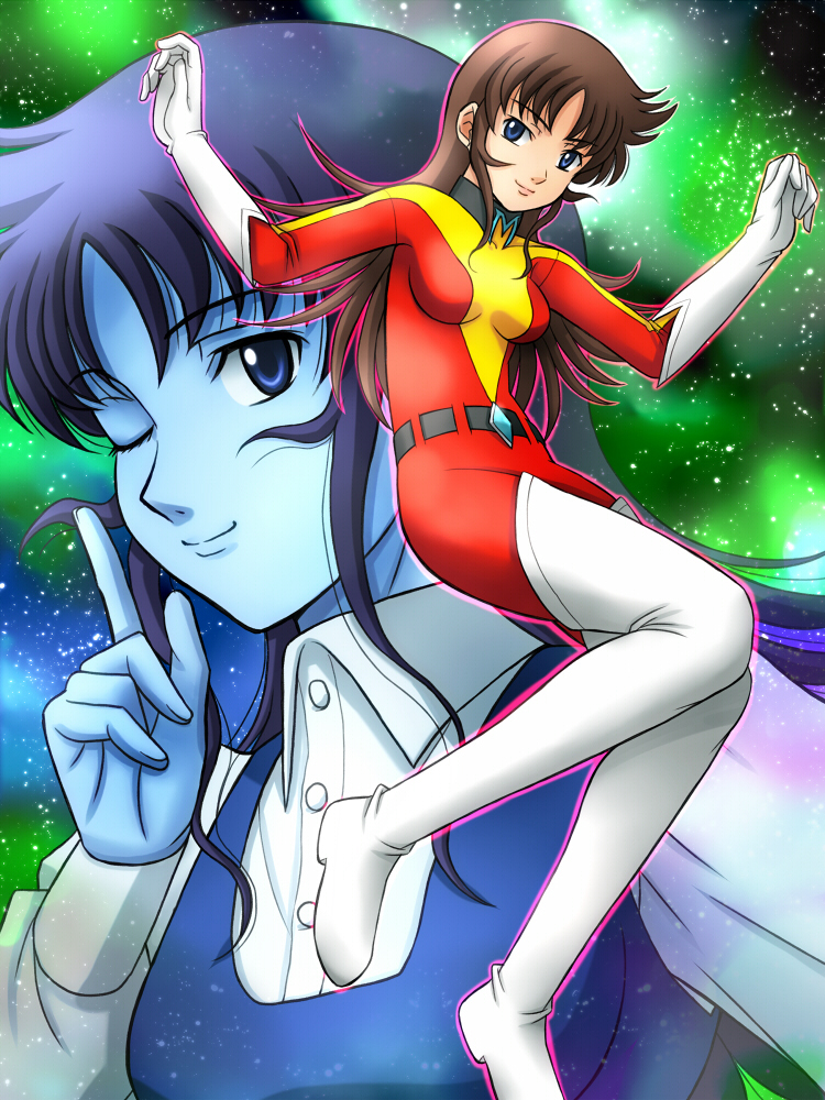 belt blue_eyes bodysuit boots brown_hair dual_persona elbow_gloves fujii_satoshi gloves long_hair maria_grace_fleed multicolored multicolored_bodysuit multicolored_clothes one_eye_closed pointing red_bodysuit sky star_(sky) starry_sky thigh_boots thighhighs ufo_robo_grendizer white_gloves yellow_bodysuit