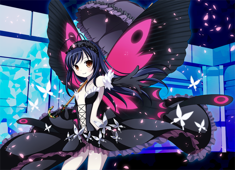accel_world antenna_hair aoilio bare_shoulders black_hair brown_eyes bug butterfly butterfly_wings dress elbow_gloves gloves hairband insect kuroyukihime long_hair looking_at_viewer outstretched_arm skirt smile solo wings