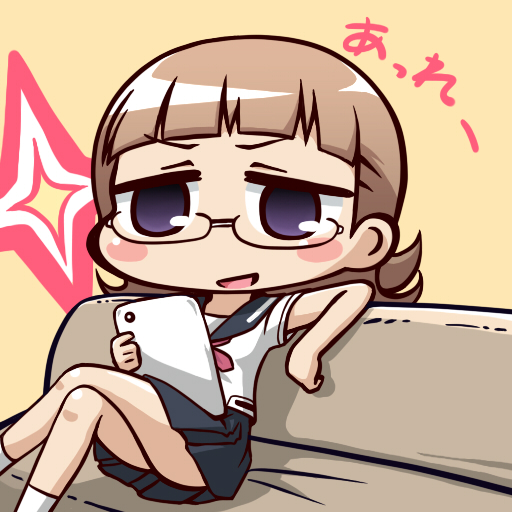 blush_stickers brown_hair chibi couch crossed_legs flipped_hair funakubo_hiroko glasses ipad moja_(gibson) purple_eyes saki saki_achiga-hen school_uniform senriyama_school_uniform serafuku short_hair sitting skirt smirk solo tablet_pc