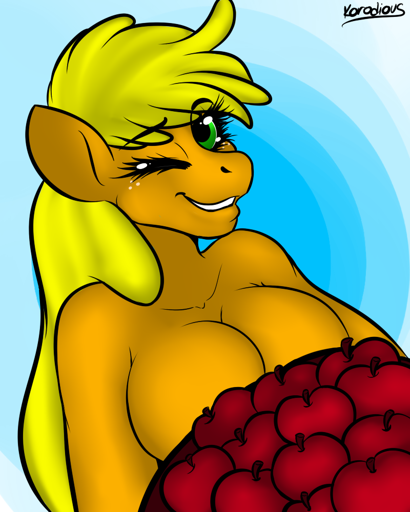 anthrofied apple applejack_(mlp) big_breasts blonde_hair breasts cleavage clothed clothing deerkosprince equine female friendship_is_magic fruit green_eyes hair horse mammal my_little_pony mysteriousmuffin pony solo topless wings