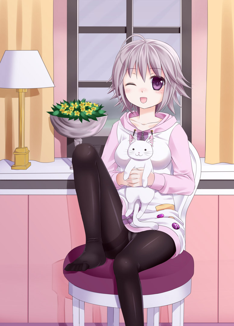 ;d bad_id bad_pixiv_id cat crotch_seam looking_at_viewer one_eye_closed open_mouth original panties panties_under_pantyhose pantyhose purple_eyes purple_hair short_hair sitting smile solo thighband_pantyhose tsukino_neru underwear