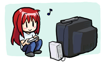 :&gt; aozaki_aoko blush_stickers chibi controller game_console game_controller jonathan_kim long_hair lowres melty_blood musical_note playing_games red_hair sitting solo television tsukihime wii wii_remote |_|