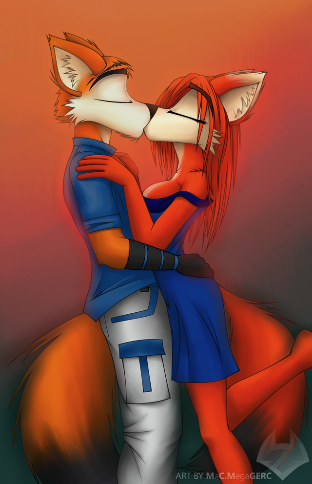 anthro canine couple duo eyes_closed female fox hair kissing macmegagerc male mammal raised_leg red_hair straight